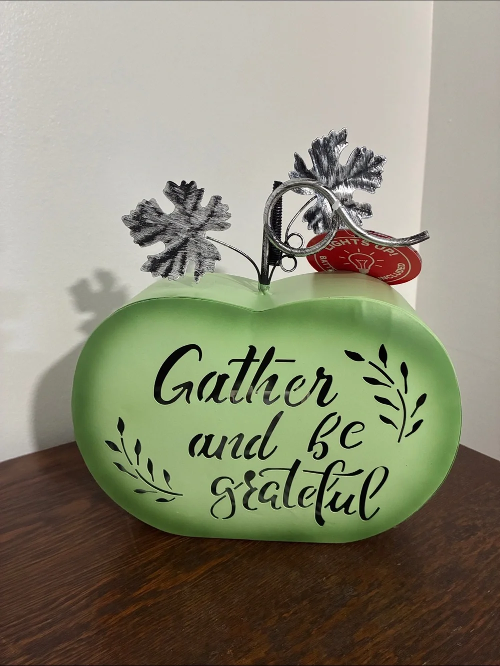 NWT- LED Light Up- Gather And Be Grateful Metal Pumpkin w/ Metal Leaves